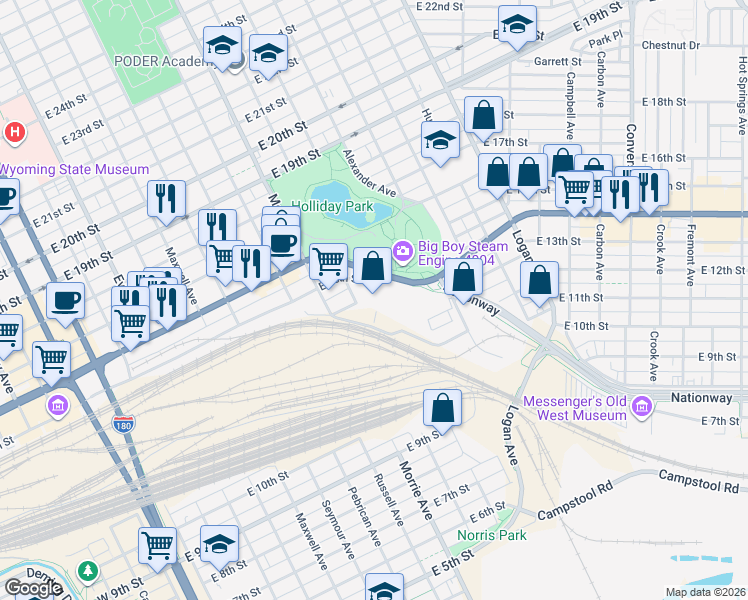 map of restaurants, bars, coffee shops, grocery stores, and more near 1121 East Lincolnway in Cheyenne