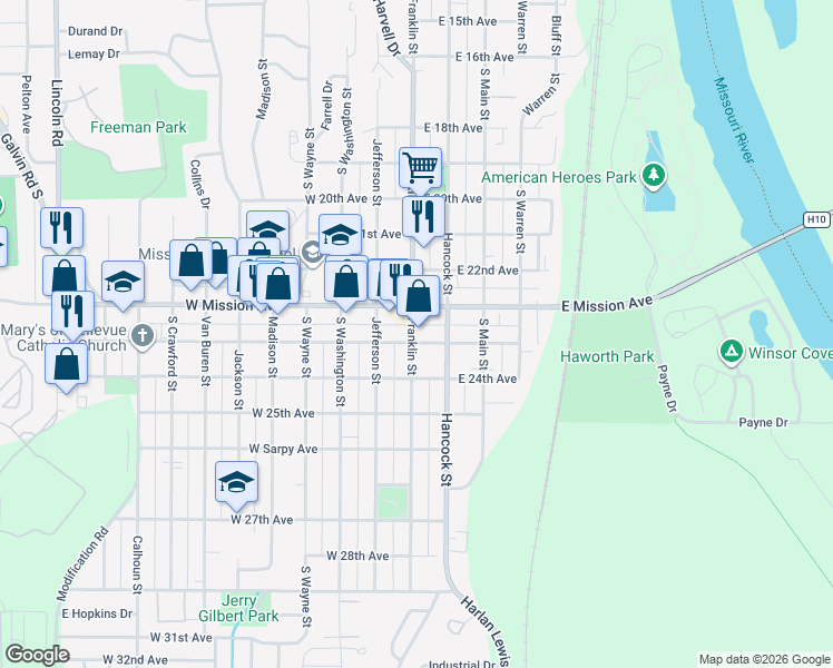 map of restaurants, bars, coffee shops, grocery stores, and more near 2237 Franklin Street in Bellevue