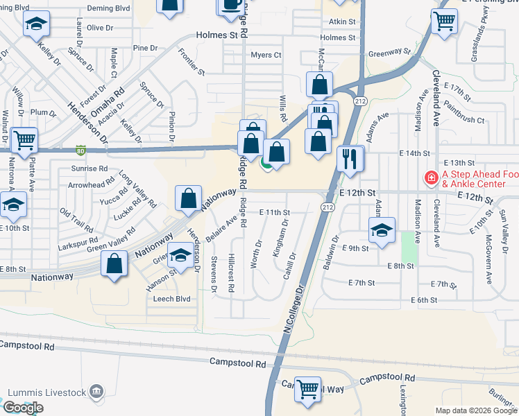map of restaurants, bars, coffee shops, grocery stores, and more near 3412 East 11th Street in Cheyenne