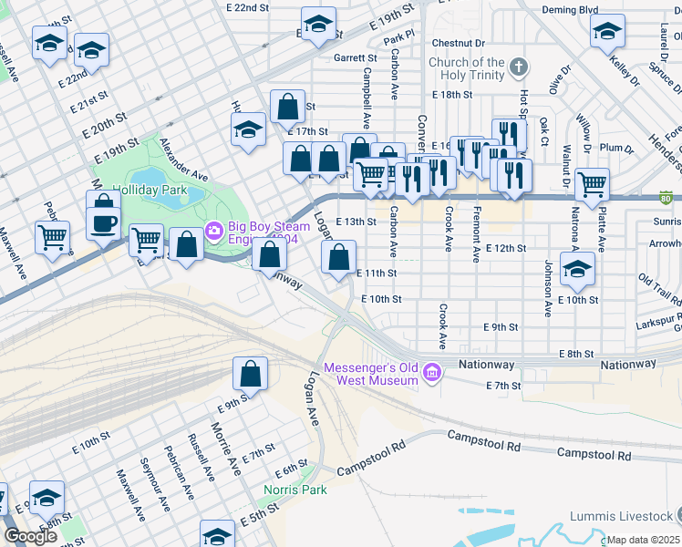 map of restaurants, bars, coffee shops, grocery stores, and more near 1609 East 12th Street in Cheyenne