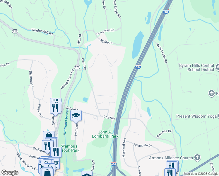 map of restaurants, bars, coffee shops, grocery stores, and more near 1 Quaker Meeting House Road in Armonk