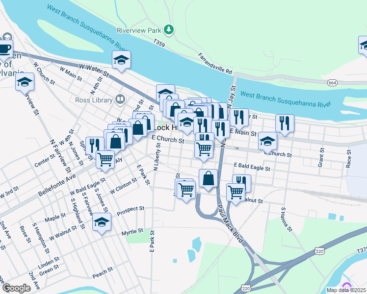 map of restaurants, bars, coffee shops, grocery stores, and more near 72 East Church Street in Lock Haven