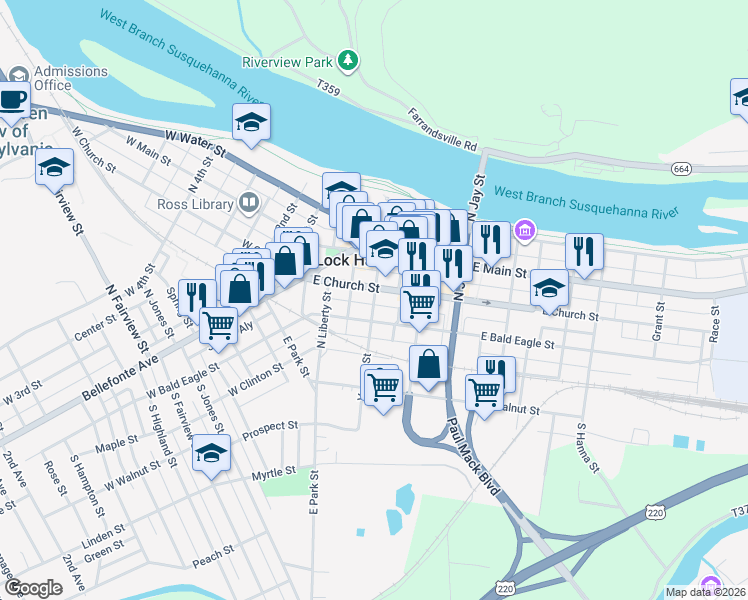 map of restaurants, bars, coffee shops, grocery stores, and more near 72 East Church Street in Lock Haven