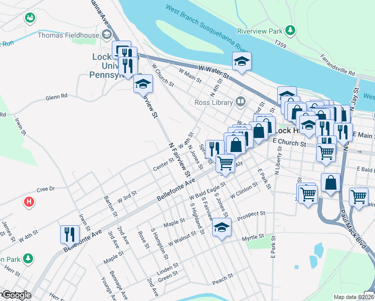 map of restaurants, bars, coffee shops, grocery stores, and more near 64 North Jones Street in Lock Haven