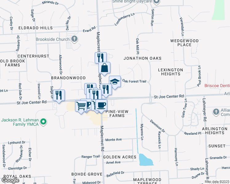 map of restaurants, bars, coffee shops, grocery stores, and more near 6437 Saint Joe Center Road in Fort Wayne