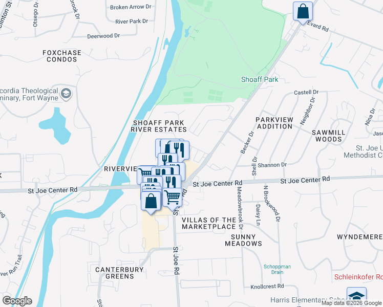 map of restaurants, bars, coffee shops, grocery stores, and more near 3410 Shoaff Park River Drive in Fort Wayne