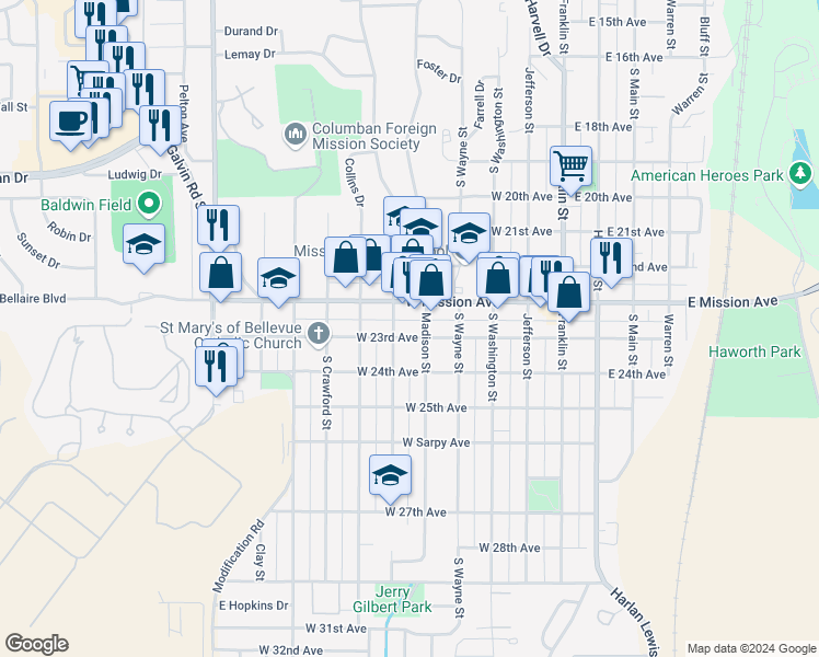 map of restaurants, bars, coffee shops, grocery stores, and more near 501 West Mission Avenue in Bellevue