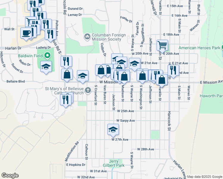 map of restaurants, bars, coffee shops, grocery stores, and more near 607 West Mission Avenue in Bellevue