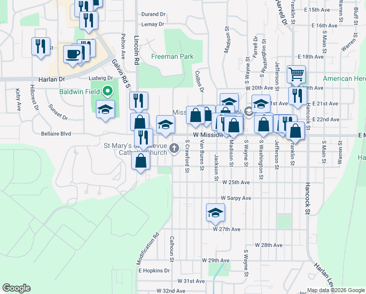 map of restaurants, bars, coffee shops, grocery stores, and more near 807 West Mission Avenue in Bellevue