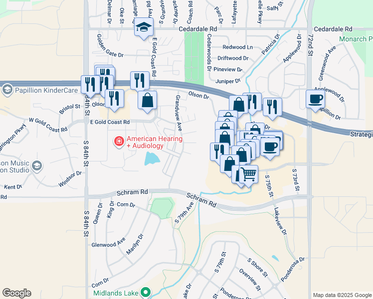 map of restaurants, bars, coffee shops, grocery stores, and more near 1523 Grandview Avenue in Papillion