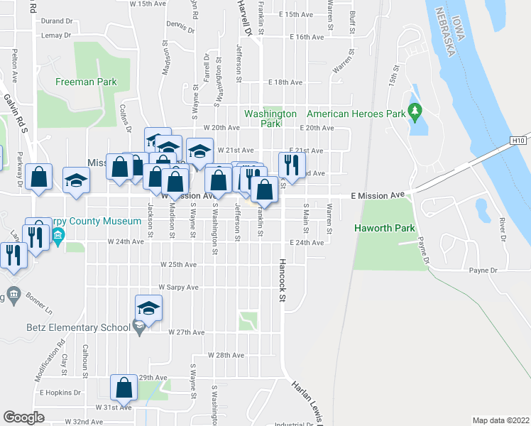 map of restaurants, bars, coffee shops, grocery stores, and more near 2243 Franklin Street in Bellevue