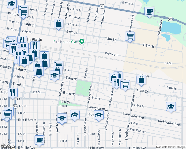map of restaurants, bars, coffee shops, grocery stores, and more near 1199 E 5th St in North Platte