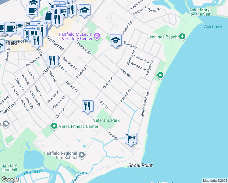 map of restaurants, bars, coffee shops, grocery stores, and more near 266 Lalley Boulevard in Fairfield
