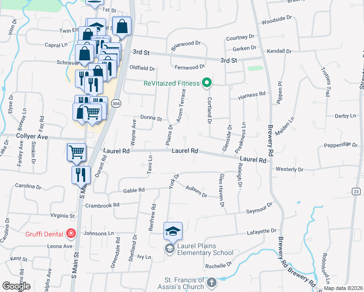 map of restaurants, bars, coffee shops, grocery stores, and more near 3 Arcadia Drive in New City