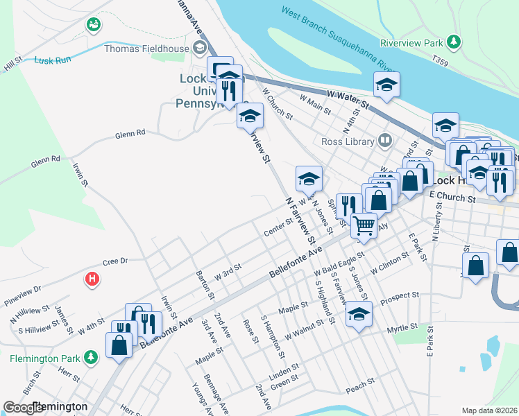 map of restaurants, bars, coffee shops, grocery stores, and more near 145 Wert Lane in Lock Haven