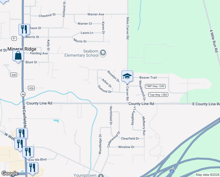 map of restaurants, bars, coffee shops, grocery stores, and more near 1761 Arbor Drive in Mineral Ridge