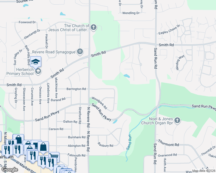 map of restaurants, bars, coffee shops, grocery stores, and more near 2343 Woodpark Road in Fairlawn