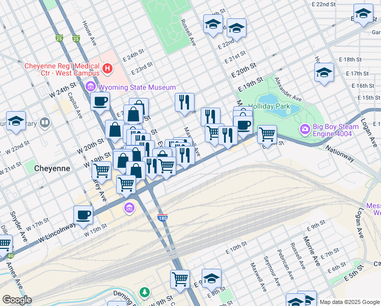 map of restaurants, bars, coffee shops, grocery stores, and more near 513 East 17th Street in Cheyenne