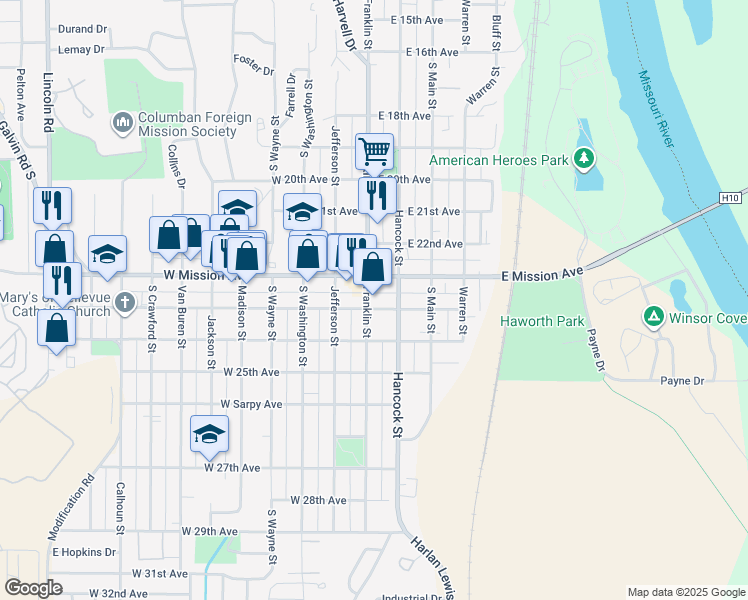 map of restaurants, bars, coffee shops, grocery stores, and more near 2237 Franklin Street in Bellevue