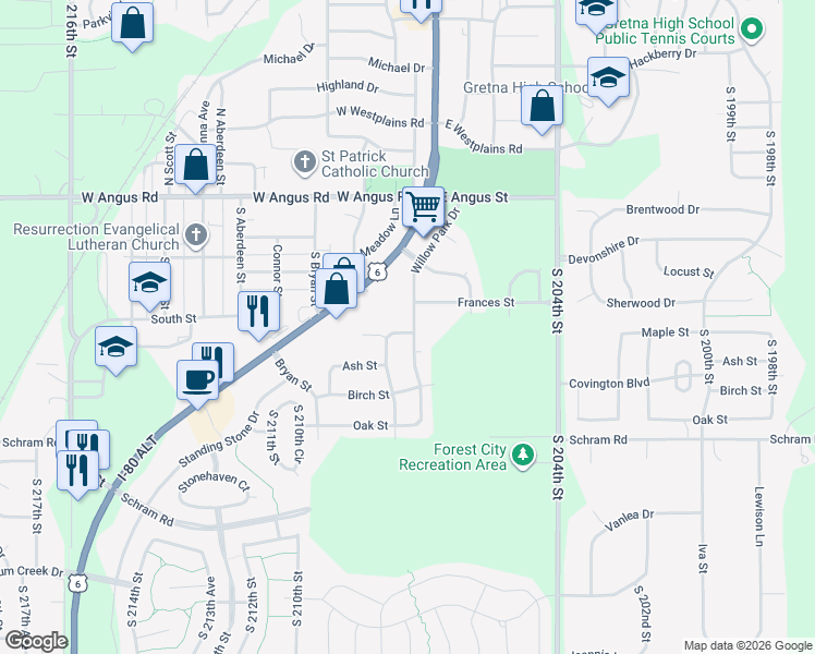 map of restaurants, bars, coffee shops, grocery stores, and more near 20820 Maple Street in Gretna