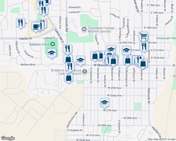map of restaurants, bars, coffee shops, grocery stores, and more near 807 West Mission Avenue in Bellevue