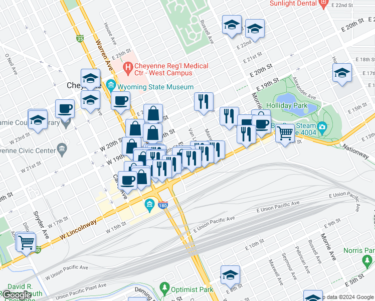 map of restaurants, bars, coffee shops, grocery stores, and more near 1711 Evans Avenue in Cheyenne