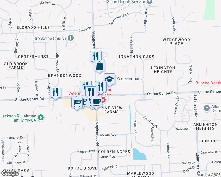 map of restaurants, bars, coffee shops, grocery stores, and more near 6437 Saint Joe Center Road in Fort Wayne
