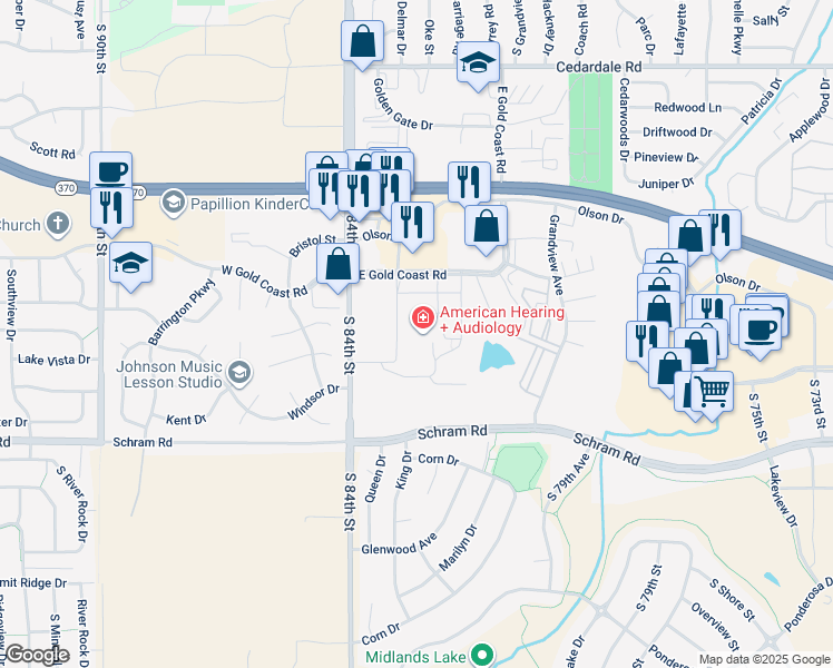 map of restaurants, bars, coffee shops, grocery stores, and more near 11109 South 84th Street in Papillion