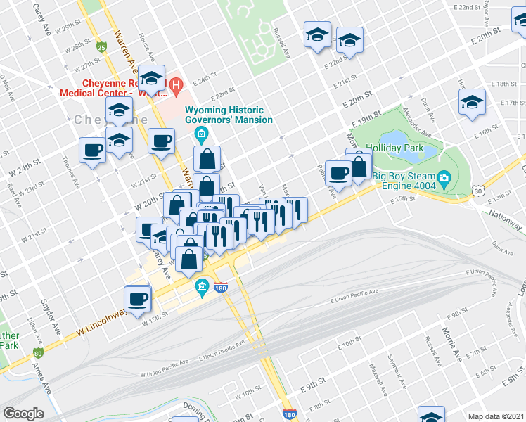 map of restaurants, bars, coffee shops, grocery stores, and more near 416 East 17th Street in Cheyenne