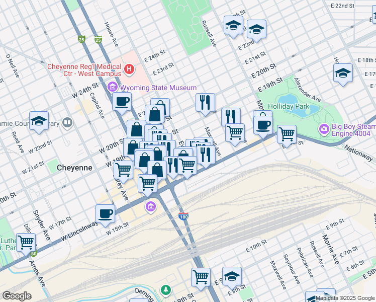 map of restaurants, bars, coffee shops, grocery stores, and more near 416 East 17th Street in Cheyenne