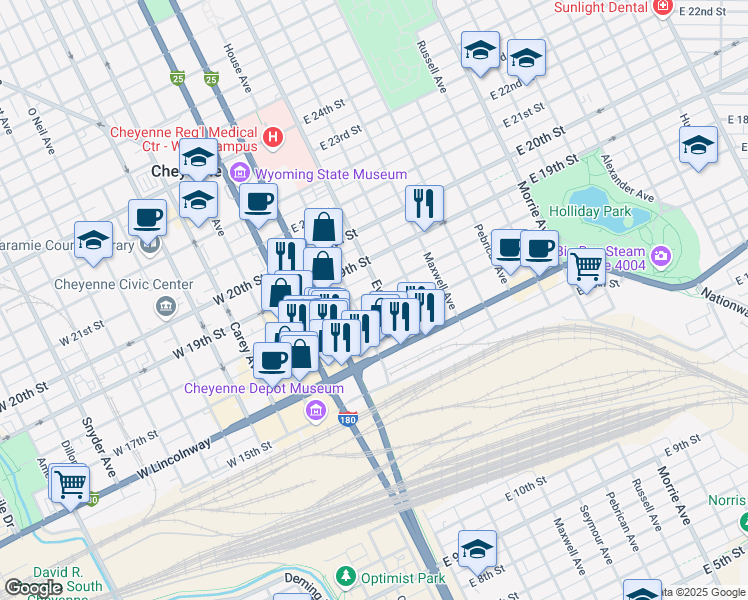 map of restaurants, bars, coffee shops, grocery stores, and more near 306 East 18th Street in Cheyenne