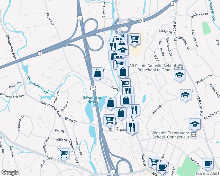 map of restaurants, bars, coffee shops, grocery stores, and more near 14 Perry Avenue in Norwalk