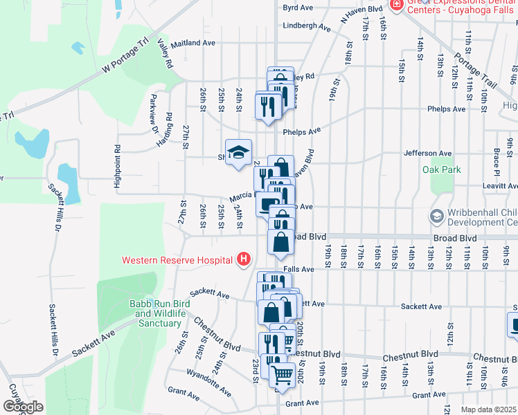 map of restaurants, bars, coffee shops, grocery stores, and more near 2102 23rd Street in Cuyahoga Falls