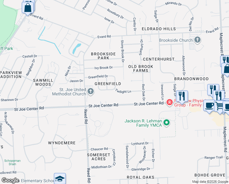 map of restaurants, bars, coffee shops, grocery stores, and more near 5035 Twilight Lane in Fort Wayne