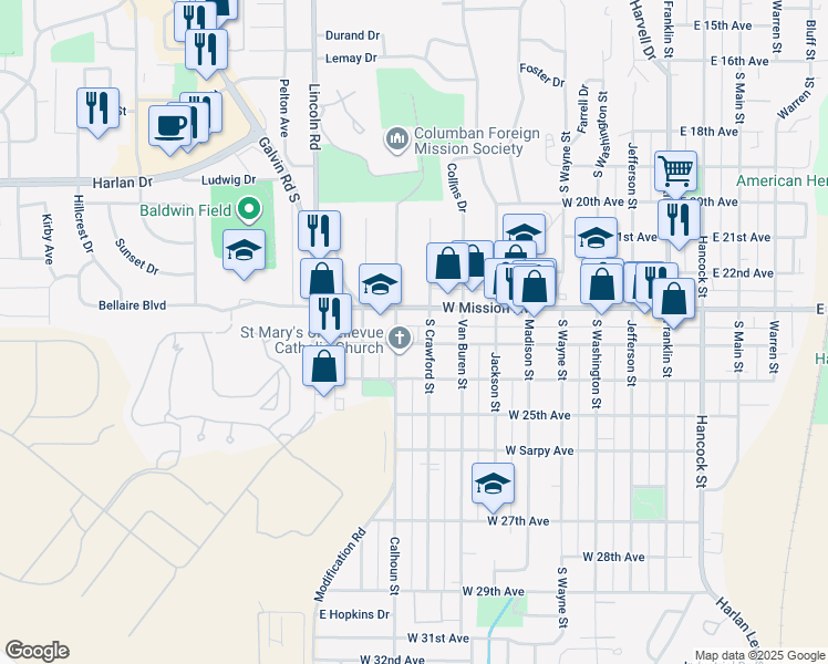 map of restaurants, bars, coffee shops, grocery stores, and more near 807 West Mission Avenue in Bellevue