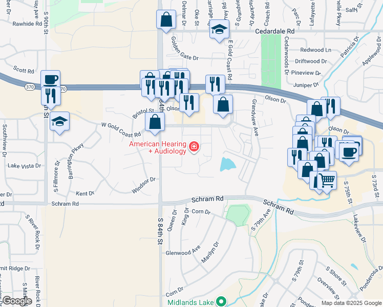 map of restaurants, bars, coffee shops, grocery stores, and more near 11111 South 84th Street in Papillion