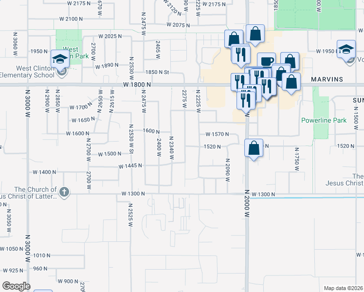 map of restaurants, bars, coffee shops, grocery stores, and more near 1521 North 2275 West in Clinton