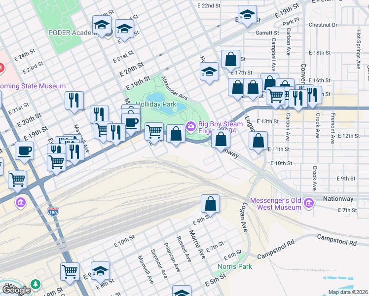map of restaurants, bars, coffee shops, grocery stores, and more near 1121 East Lincolnway in Cheyenne
