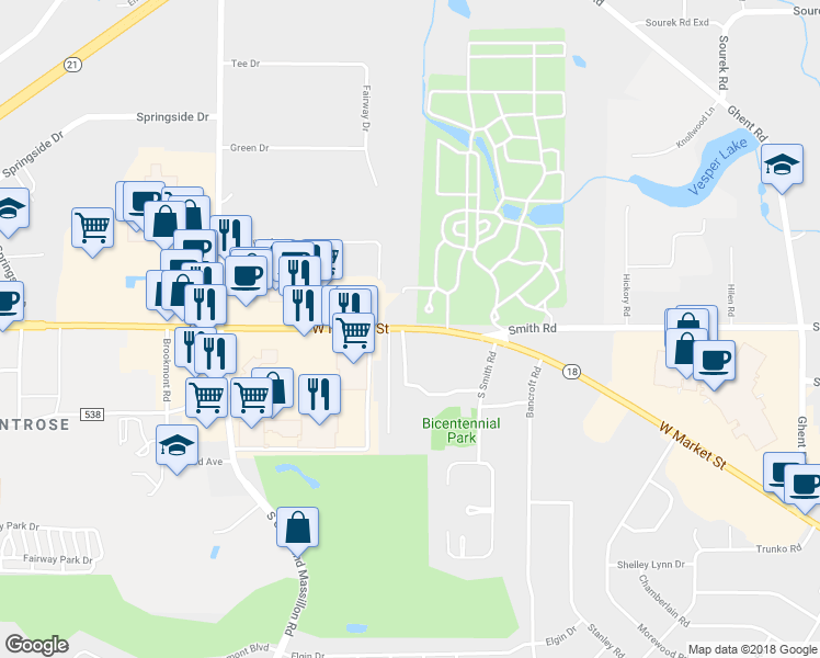 map of restaurants, bars, coffee shops, grocery stores, and more near 3600 West Market Street in Akron