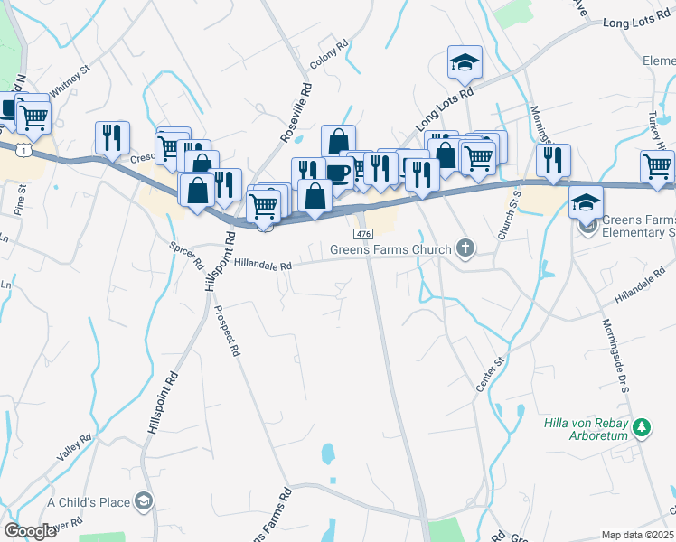 map of restaurants, bars, coffee shops, grocery stores, and more near 30 Hillandale Road in Westport