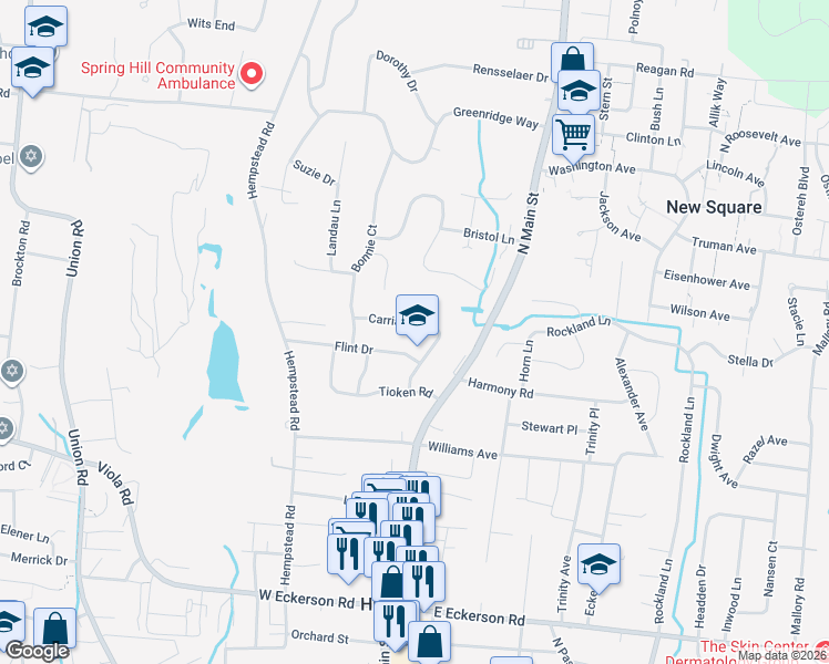 map of restaurants, bars, coffee shops, grocery stores, and more near 15 Carriage Lane in Spring Valley