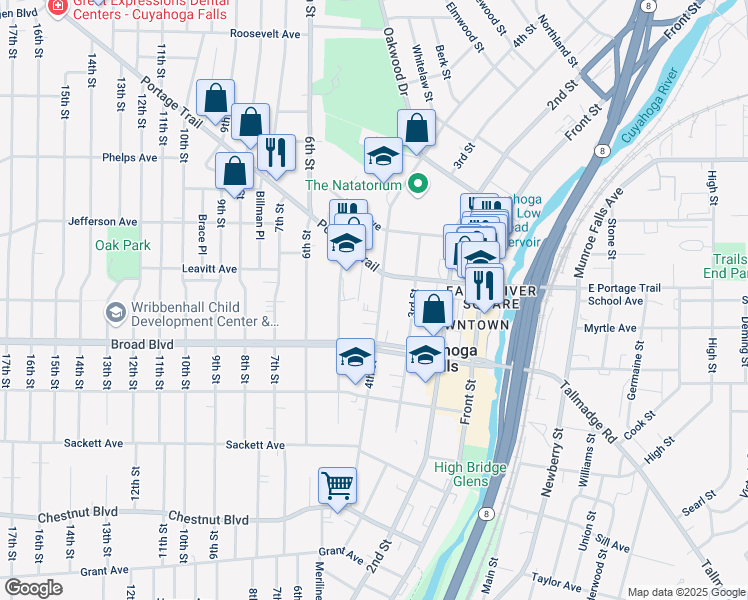 map of restaurants, bars, coffee shops, grocery stores, and more near 2106 4th Street in Cuyahoga Falls