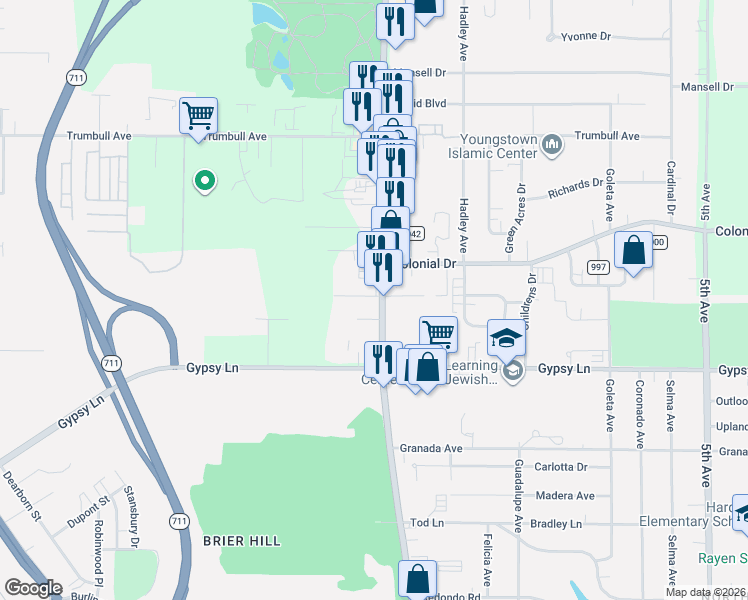 map of restaurants, bars, coffee shops, grocery stores, and more near 2904 Belmont Avenue in Youngstown