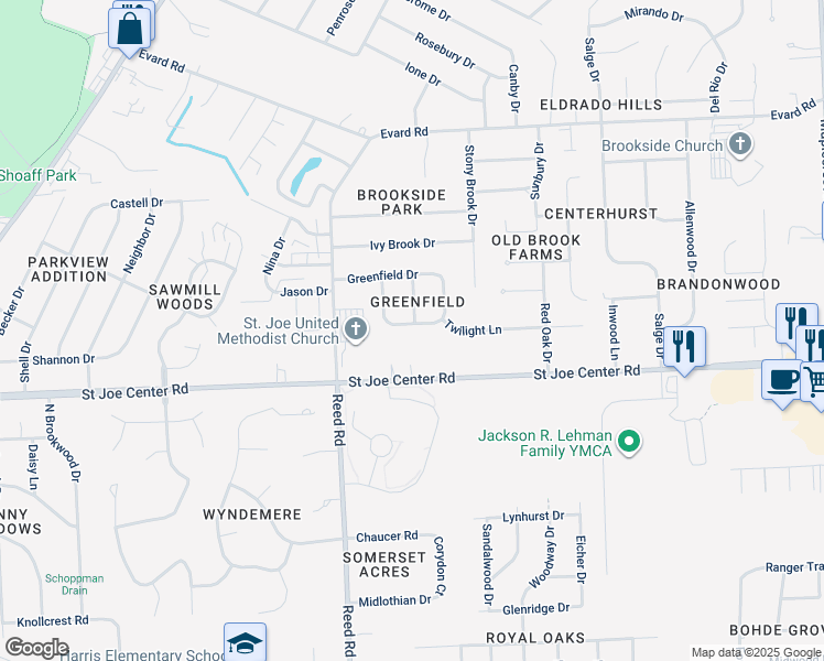map of restaurants, bars, coffee shops, grocery stores, and more near 4950 Twilight Lane in Fort Wayne