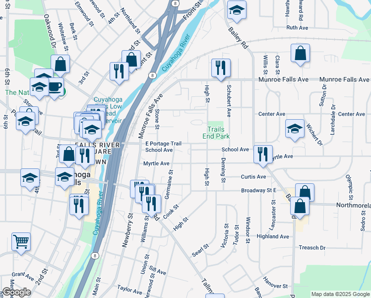 map of restaurants, bars, coffee shops, grocery stores, and more near 540 East Portage Trail in Cuyahoga Falls