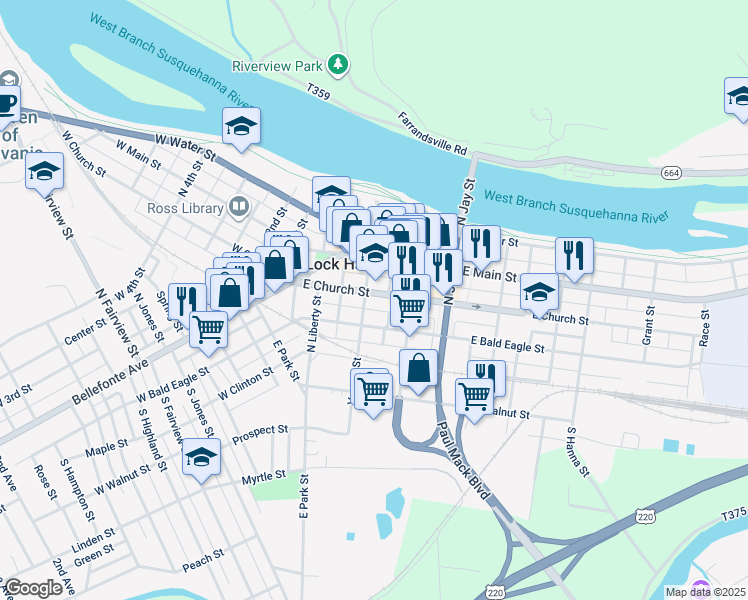 map of restaurants, bars, coffee shops, grocery stores, and more near 106 East Church Street in Lock Haven