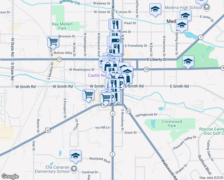 map of restaurants, bars, coffee shops, grocery stores, and more near in Medina