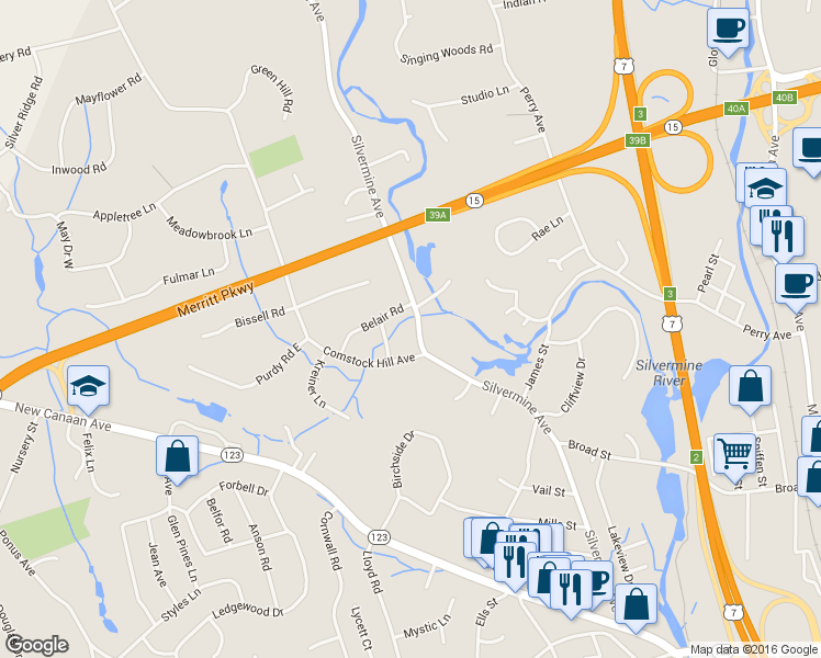 map of restaurants, bars, coffee shops, grocery stores, and more near 145 Silvermine Ave in Norwalk