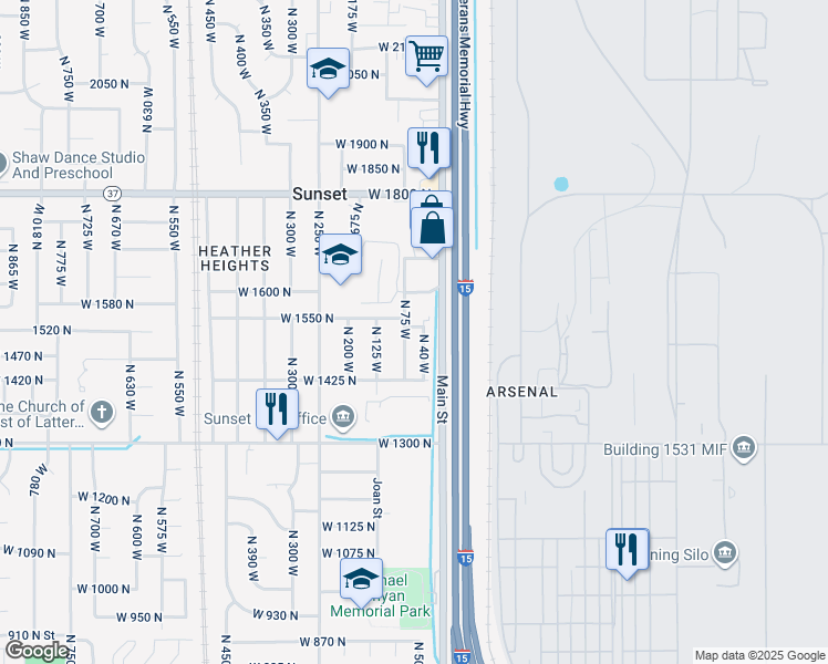 map of restaurants, bars, coffee shops, grocery stores, and more near 1530 North 75 West in Sunset
