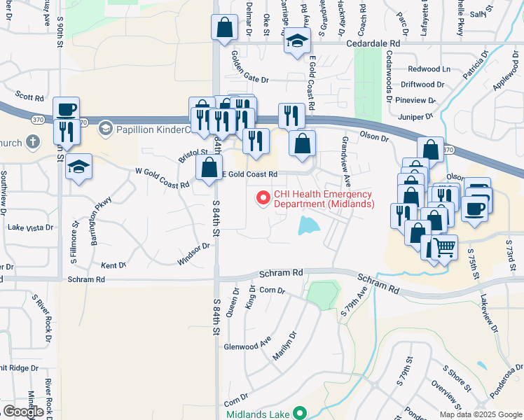 map of restaurants, bars, coffee shops, grocery stores, and more near 11111 South 84th Street in Papillion